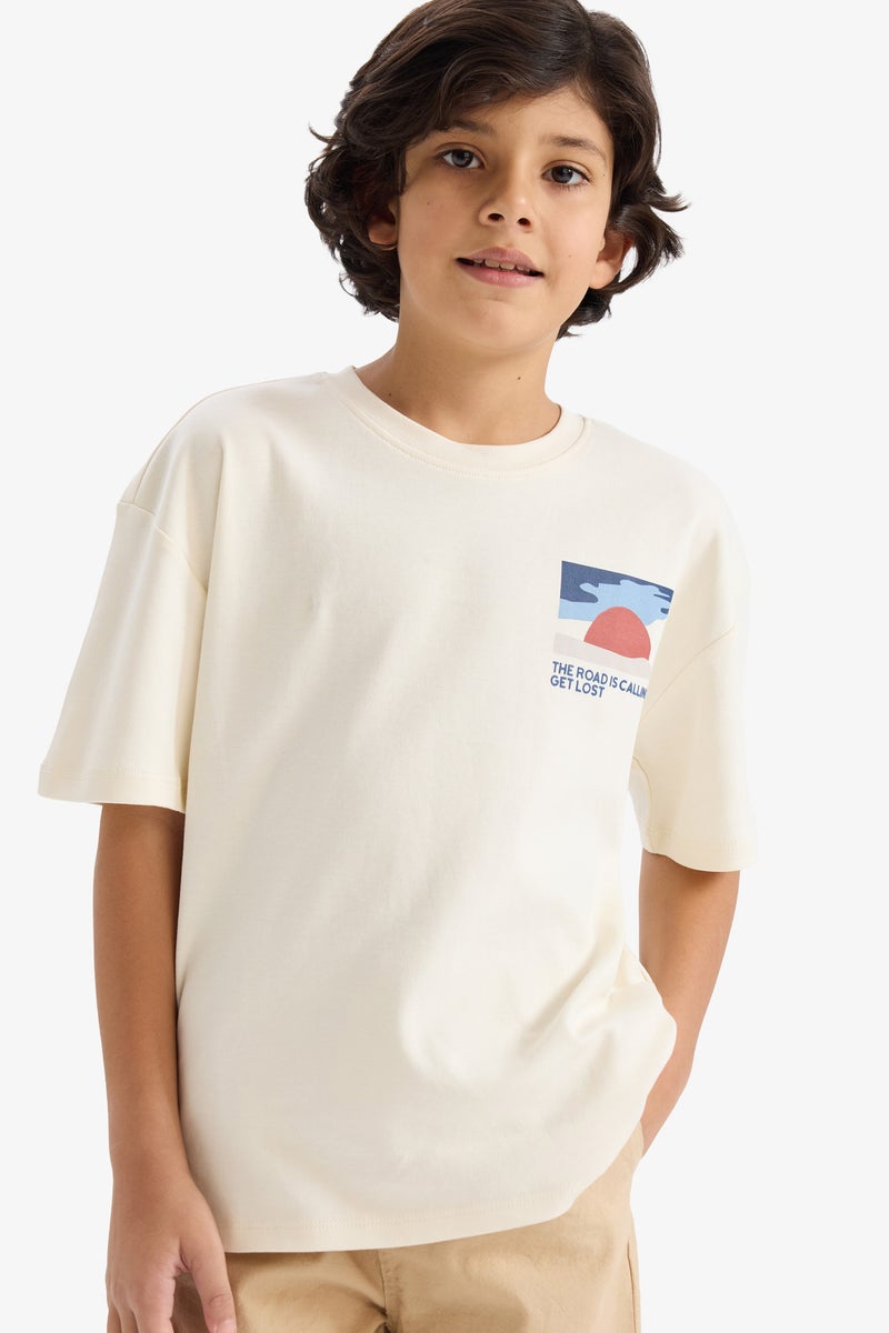 DeFacto Beige Boy Boy Oversize Crew Neck Printed T-Shirt Casual - Image 3